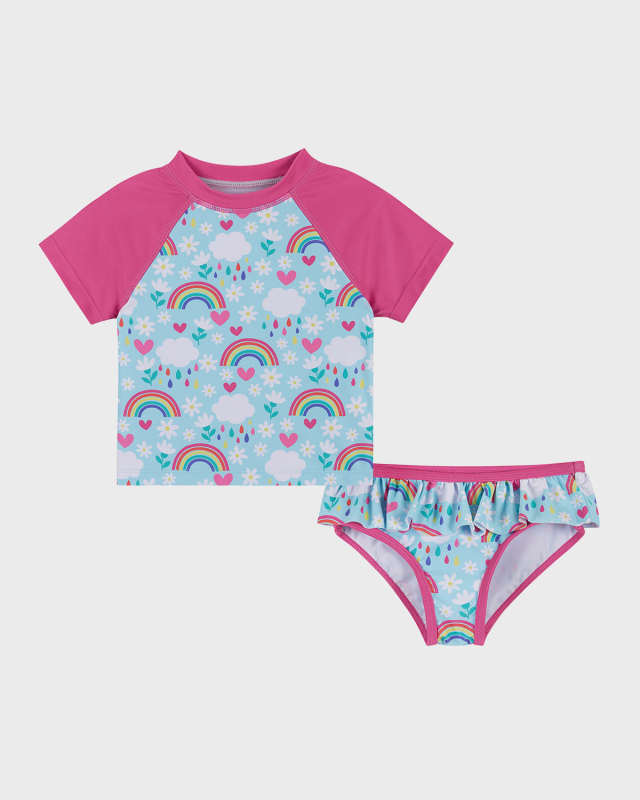 Girl's Rainbow-Print Two-Piece Rashguard Set, Size Newborn-24